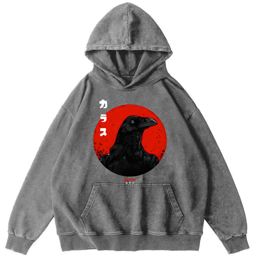 Simple Crow Japanese Style Vintage Distressed Hoodie-Zazasy