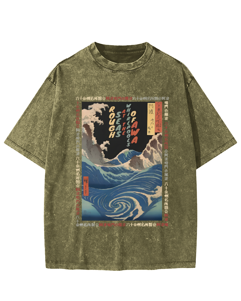 Ukiyo-e Giant Waves Vintage Washed T-shirt-Zazasy