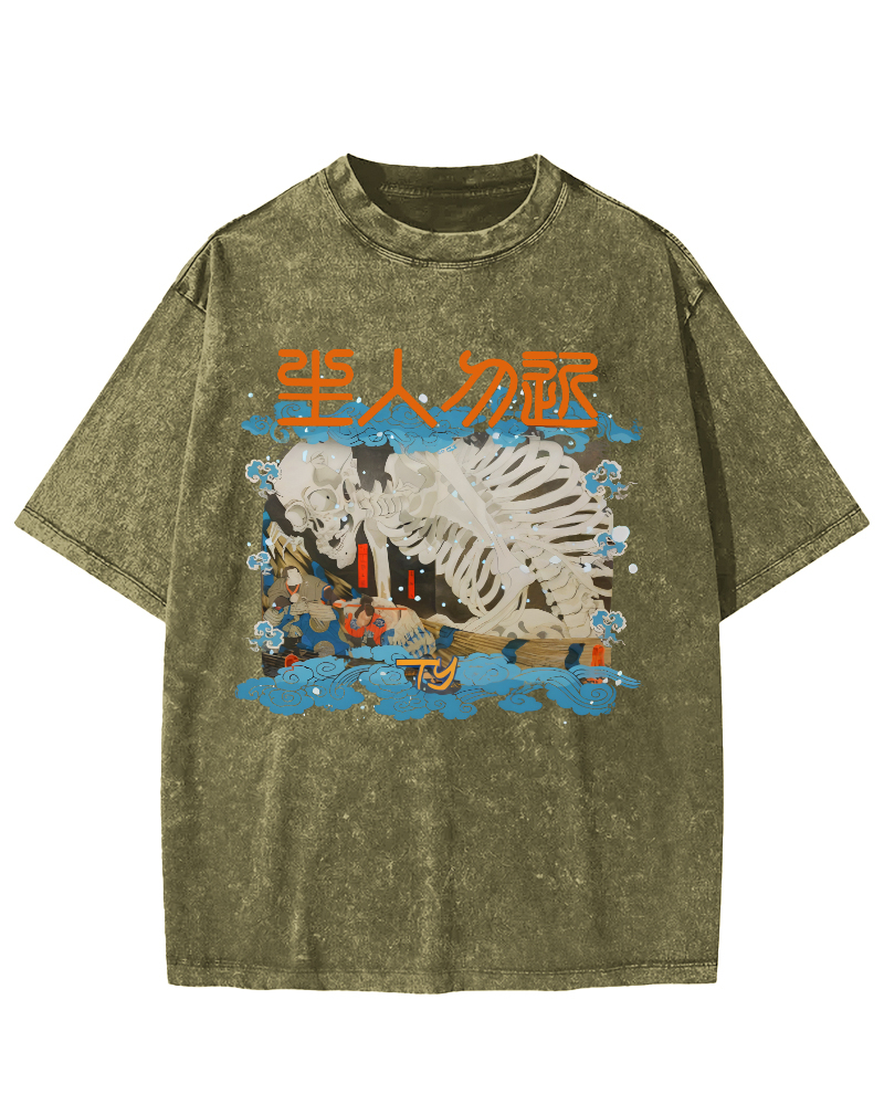Skeleton Japanese Vintage Washed T-shirt-Zazasy