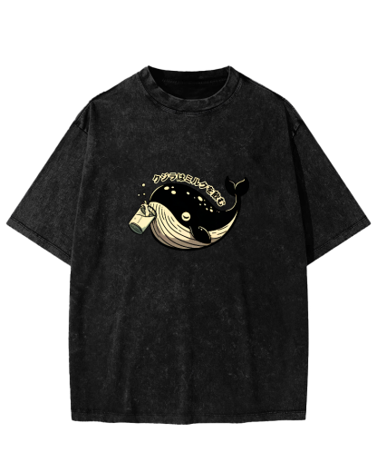 Japanese Whale Pattern Vintage Distressed T-shirt-Zazasy
