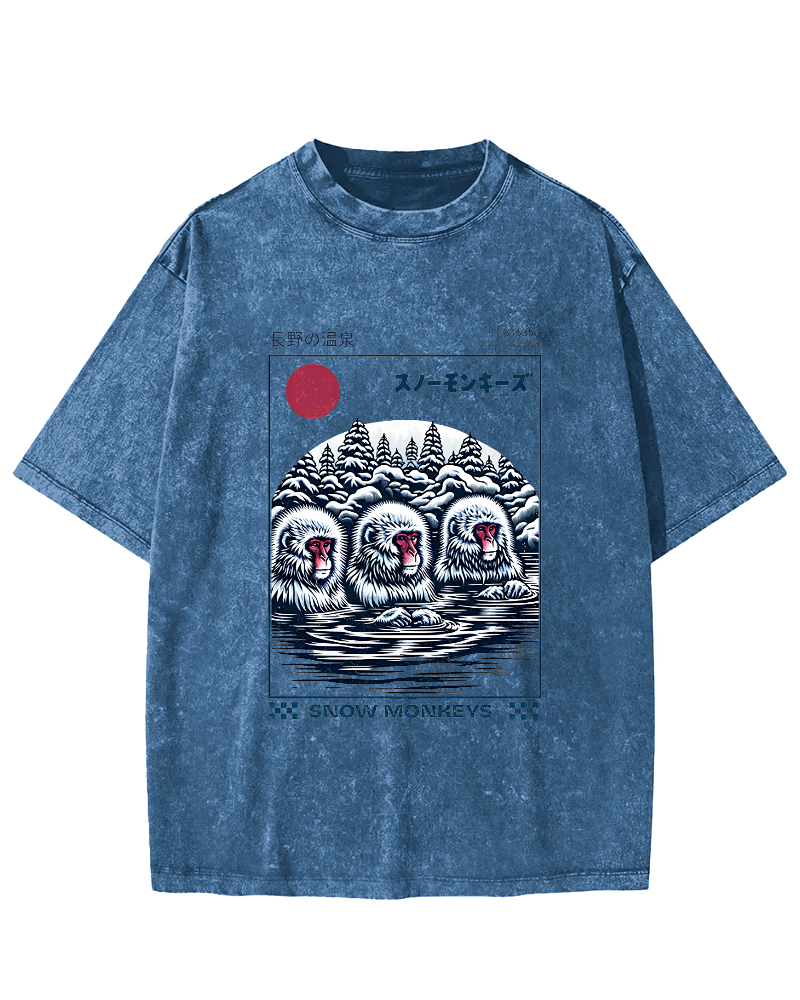 Monkey Pattern In Hot Springs, Japanese Style Vintage Distressed T-shirt-Zazasy