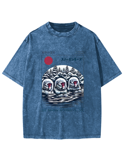 Monkey Pattern In Hot Springs, Japanese Style Vintage Distressed T-shirt-Zazasy