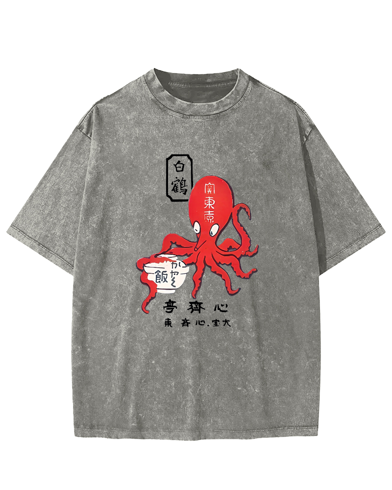Japanese Script Octopus Pattern Vintage Distressed T-shirt-Zazasy