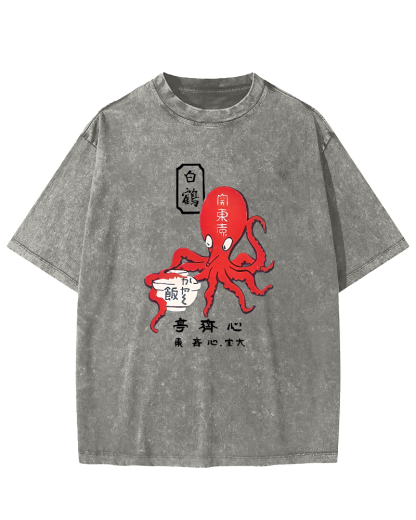 Japanese Script Octopus Pattern Vintage Distressed T-shirt-Zazasy