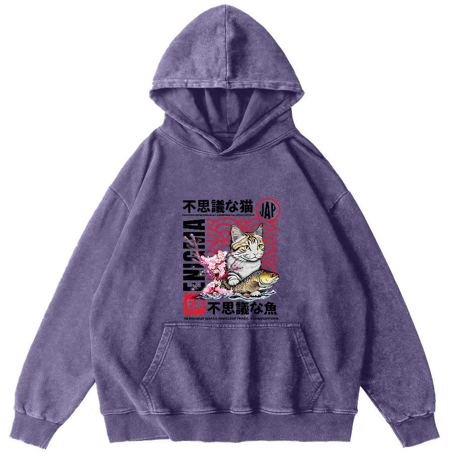 Japanese Cat Pattern Vintage Distressed Hoodie-Zazasy