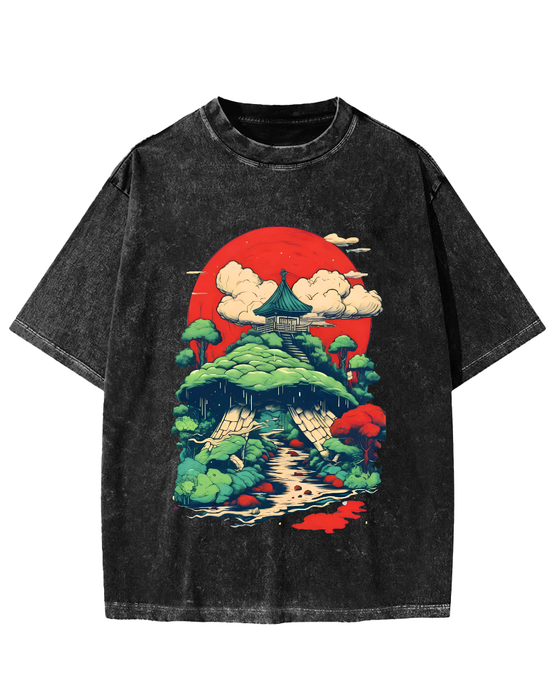 Japanese landscape Retro Style Vintage Washed T-shirt-Zazasy