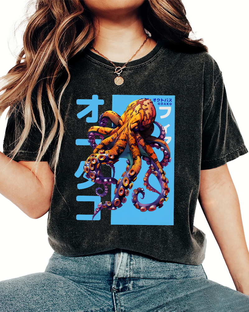 Octopus Monster Japanese Vintage Washed T-shirt-Zazasy
