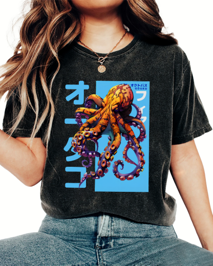 Octopus Monster Japanese Vintage Washed T-shirt-Zazasy