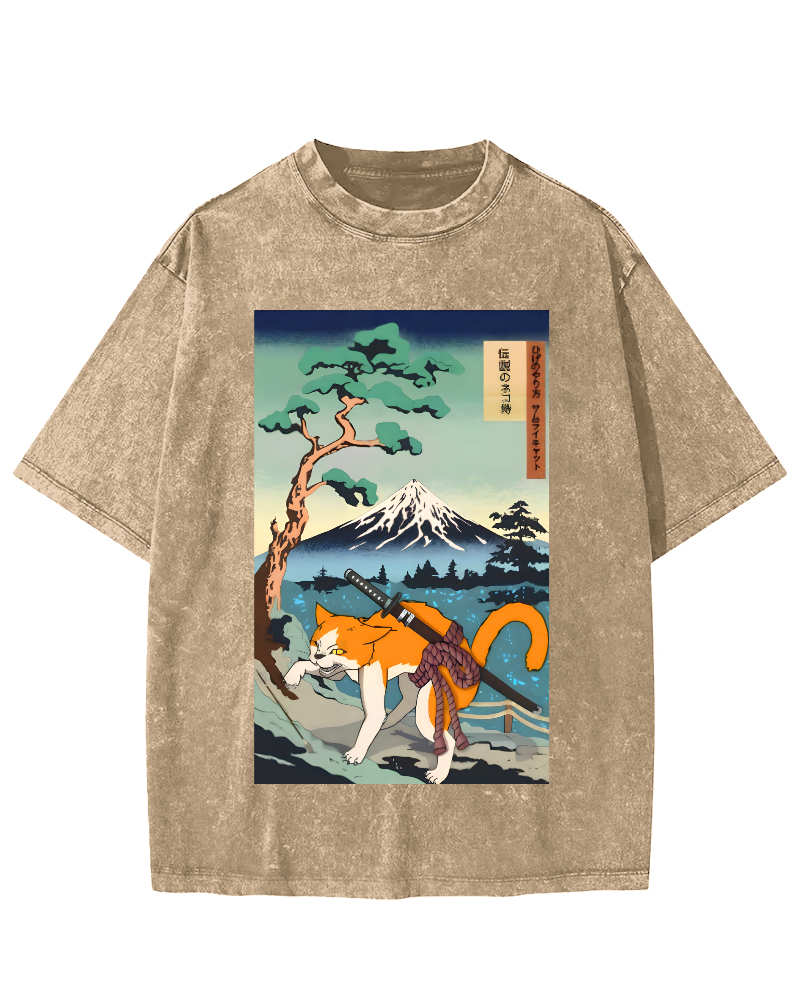 Edo Period Cat Pattern Vintage Washed T-shirt-Zazasy