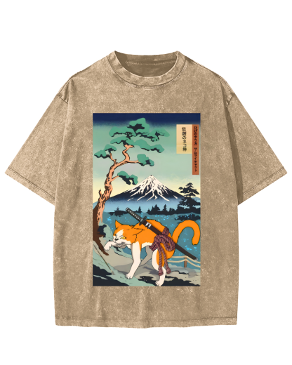 Edo Period Cat Pattern Vintage Washed T-shirt-Zazasy