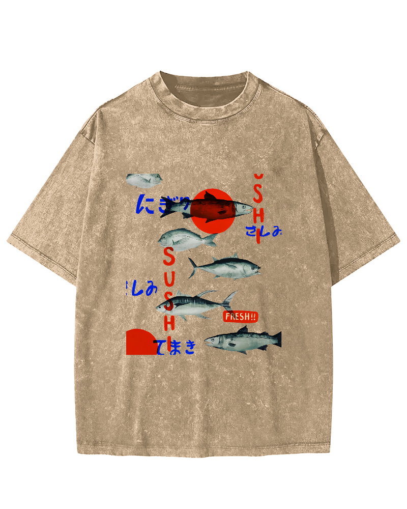 Japanese Sea Fish Pattern Vintage Distressed T-shirt-Zazasy