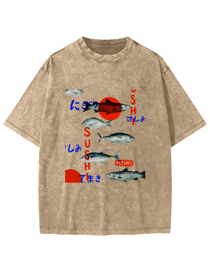 Japanese Sea Fish Pattern Vintage Distressed T-shirt-Zazasy