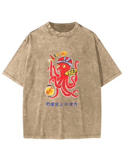 Japanese Octopus Pattern Vintage Distressed T-shirt-Zazasy