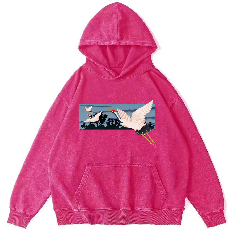 Idle Clouds, Wild Cranes, Japanese Style Vintage Washed Hoodie-Zazasy