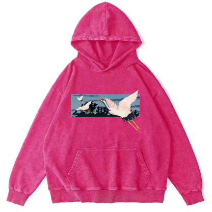 Idle Clouds, Wild Cranes, Japanese Style Vintage Washed Hoodie-Zazasy