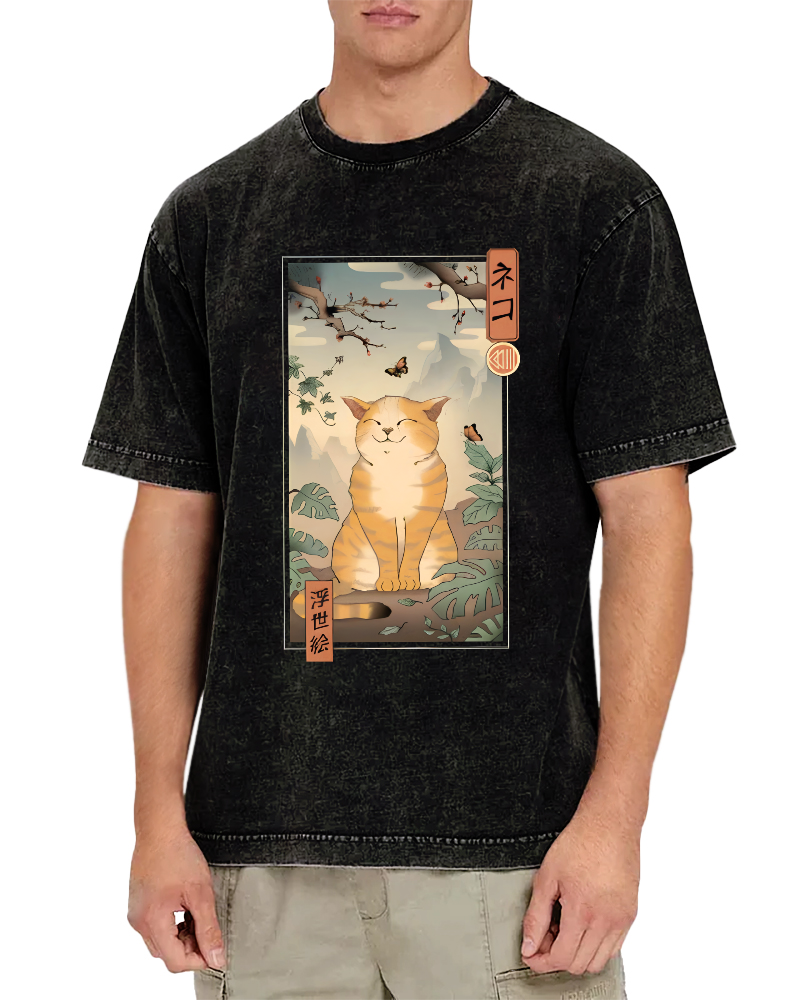 Cute and Lazy Cat Japanese Style Vintage Distressed T-shirt-Zazasy