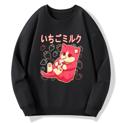 Strawberry Cat Cotton Pullover Sweatshirt