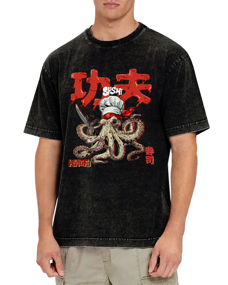 Kung Fu Sushi Japanese Vintage Washed T-shirt-Zazasy