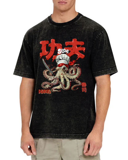 Kung Fu Sushi Japanese Vintage Washed T-shirt-Zazasy
