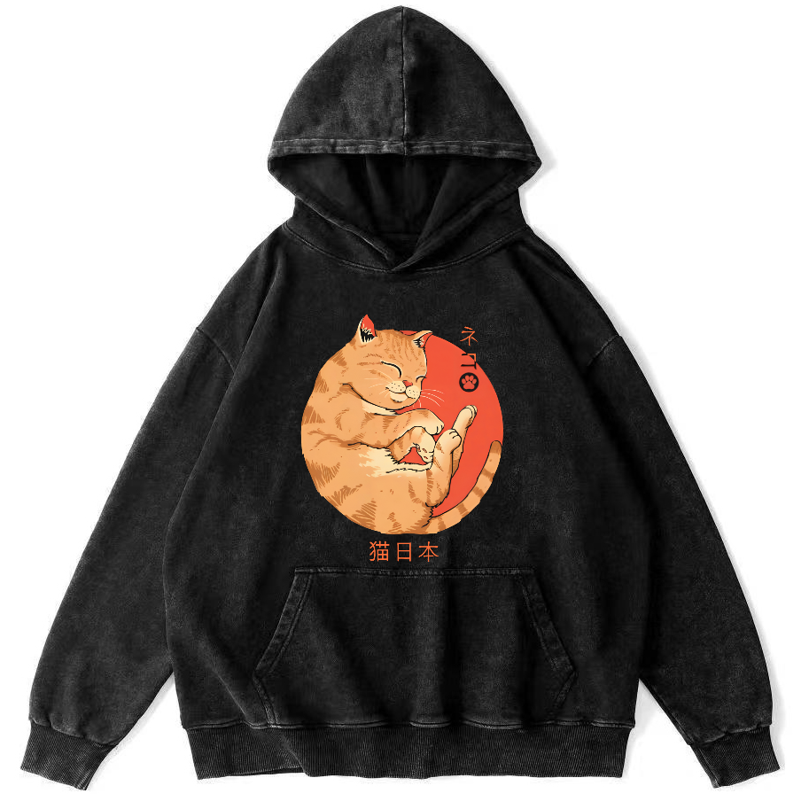 Lazy Japanese Cat Vintage Distressed Hoodie-Zazasy
