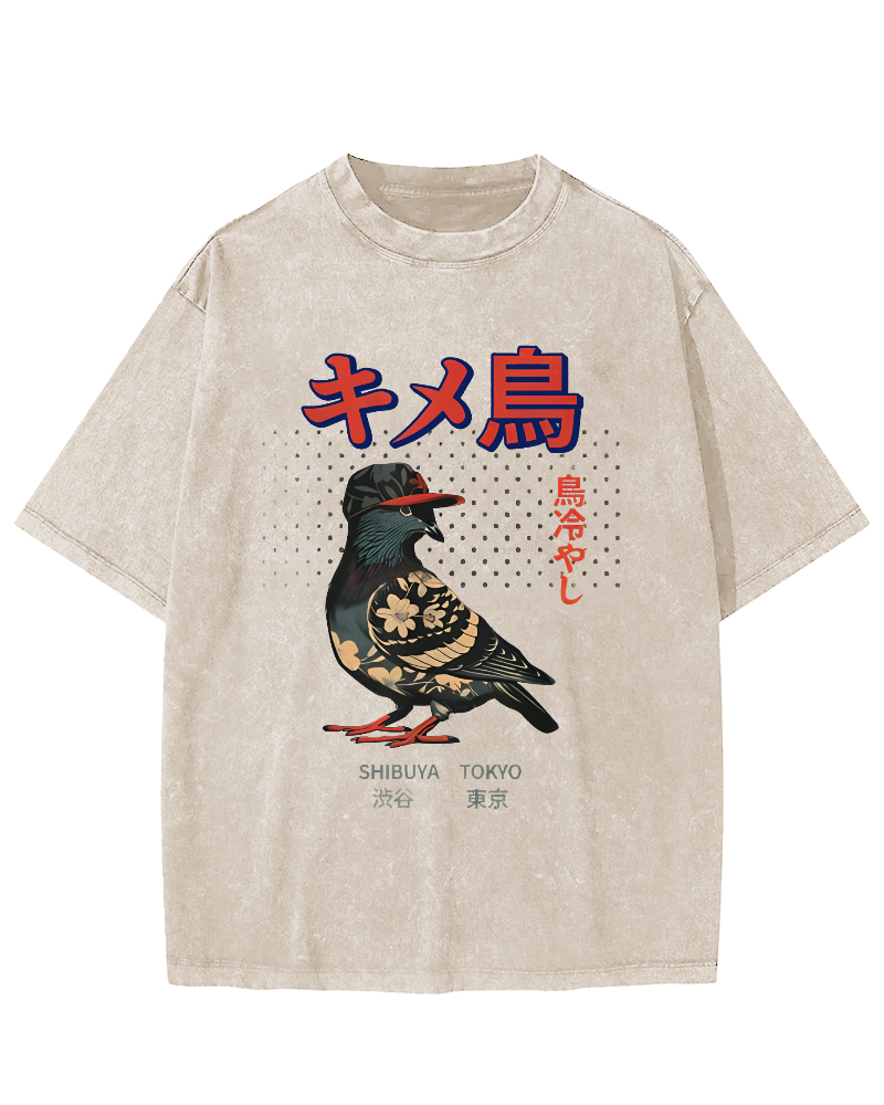 Tokyo Pigeon Vintage Washed T-shirt-Zazasy