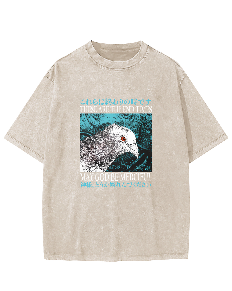 Japanese Style Pigeon Pattern Vintage Distressed T-shirt-Zazasy