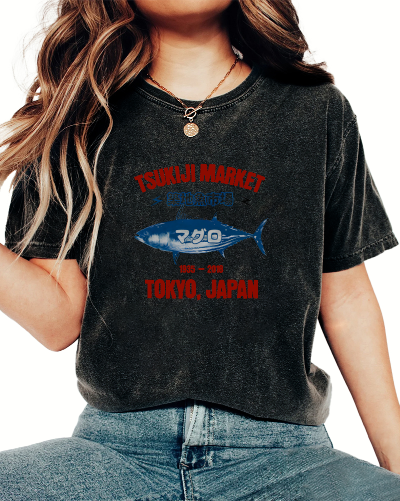 Japanese Sea Fish Market Pattern Vintage Distressed T-shirt-Zazasy