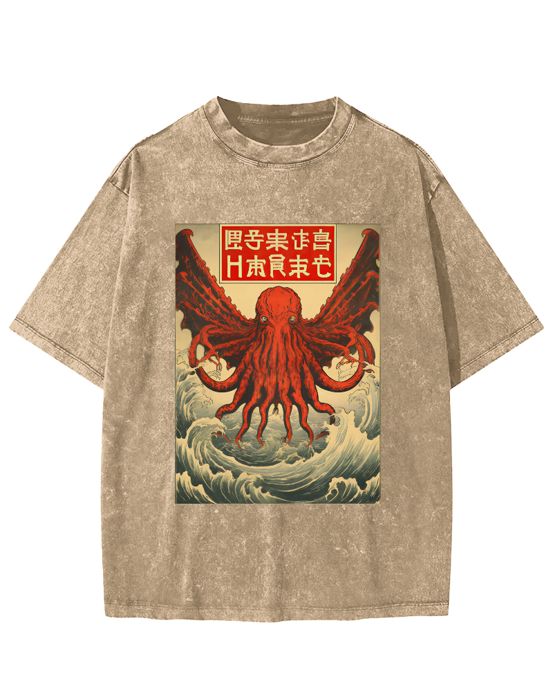 The Japanese Style Octopus Monster in The Huge Waves Vintage Washed T-shirt-Zazasy