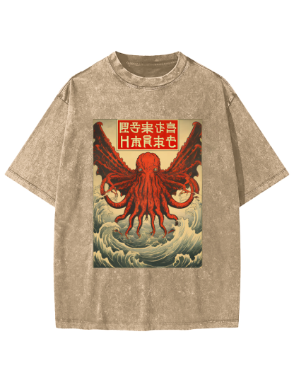 The Japanese Style Octopus Monster in The Huge Waves Vintage Washed T-shirt-Zazasy