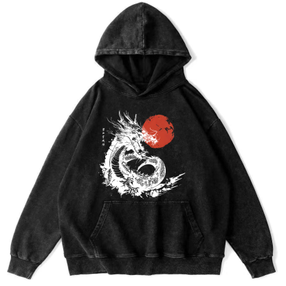 Japanese Style Sea Going Dragon Vintage Distressed Hoodie-Zazasy