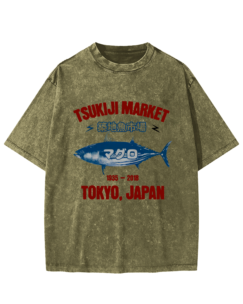 Japanese Tuna Pattern Vintage Distressed T-shirt-Zazasy