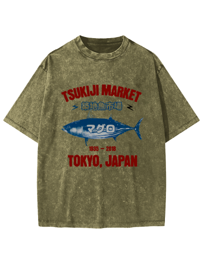 Japanese Tuna Pattern Vintage Distressed T-shirt-Zazasy
