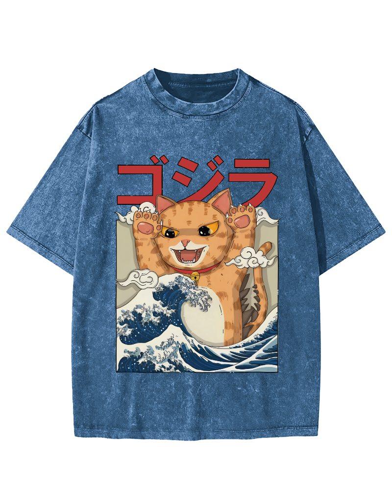 Cat in the Waves, Japanese Style Vintage Washed T-shirt-Zazasy