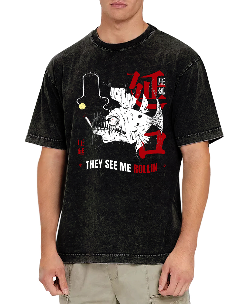 Rolling Japanese Script Vintage Distressed T-shirt-Zazasy