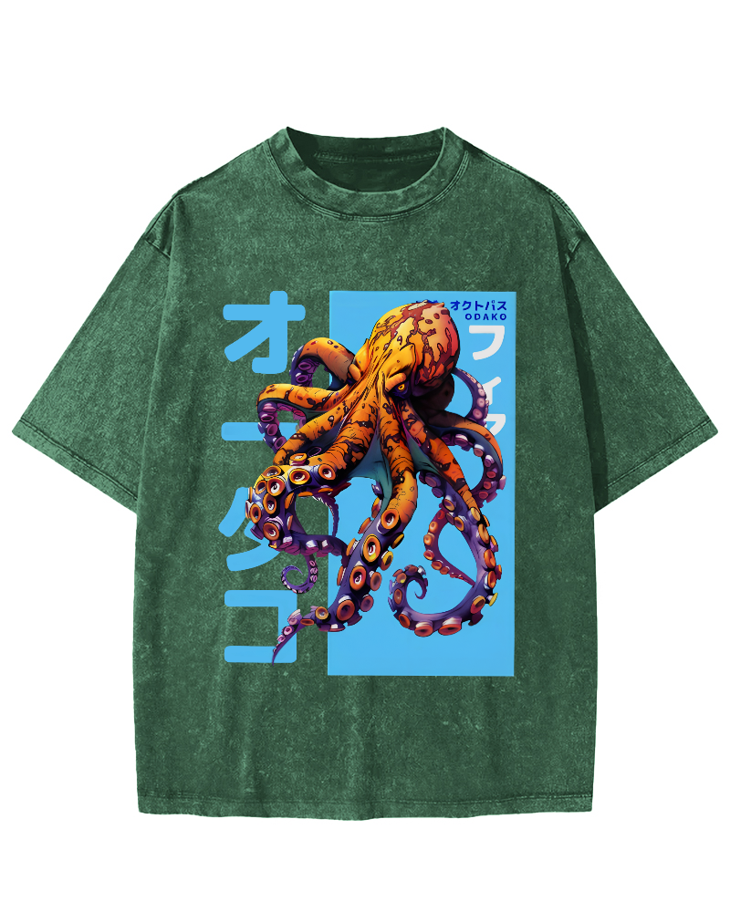 Octopus Monster Japanese Vintage Washed T-shirt-Zazasy