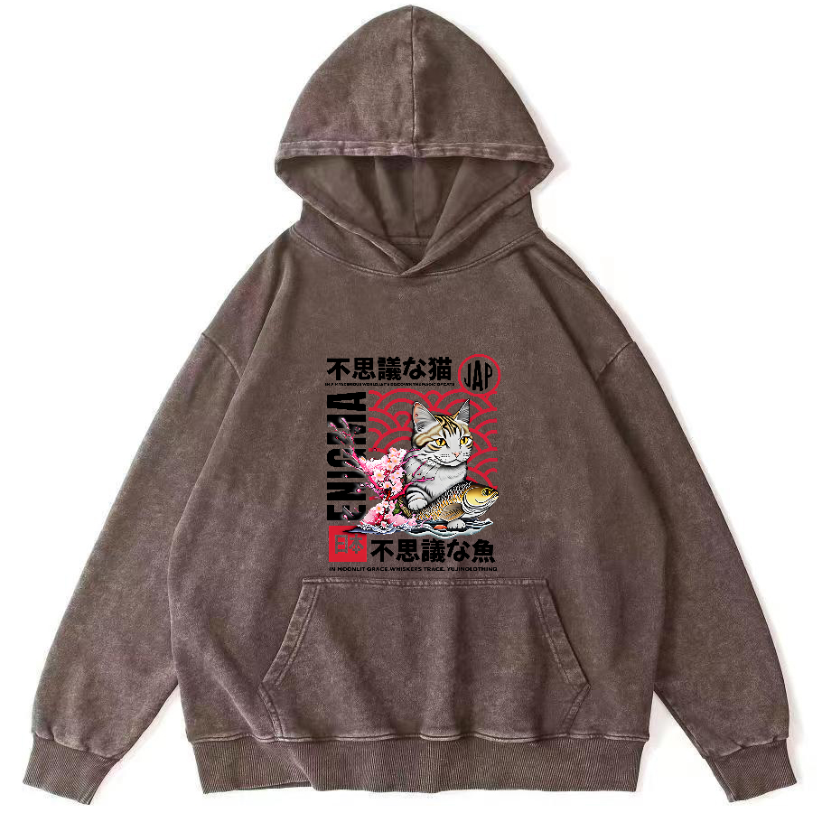 Japanese Cat Pattern Vintage Distressed Hoodie-Zazasy
