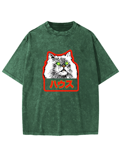 Residential White Cat Japanese Washed T-Shirt-Zazasy