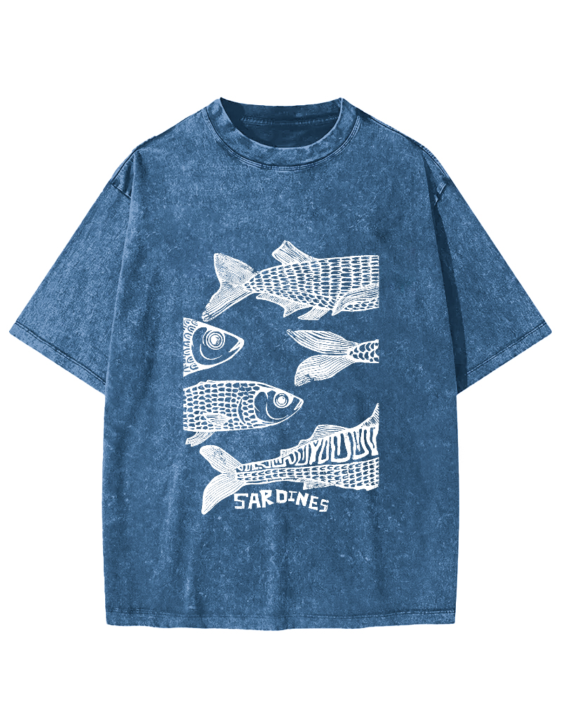 Retro Sea Fish Pattern Vintage Distressed T-shirt-Zazasy
