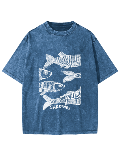 Retro Sea Fish Pattern Vintage Distressed T-shirt-Zazasy