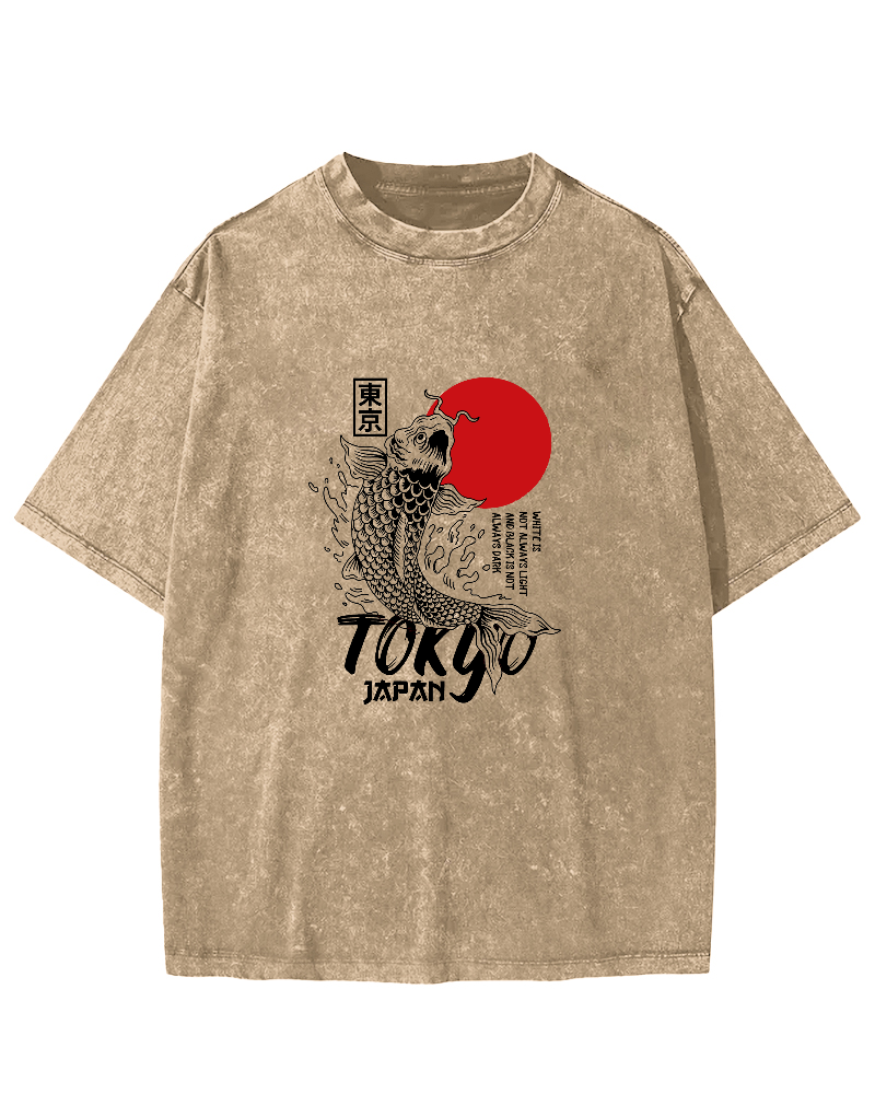 Tokyo Koi Pattern Vintage Distressed T-shirt-Zazasy