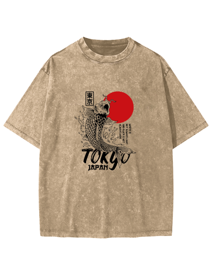 Tokyo Koi Pattern Vintage Distressed T-shirt-Zazasy