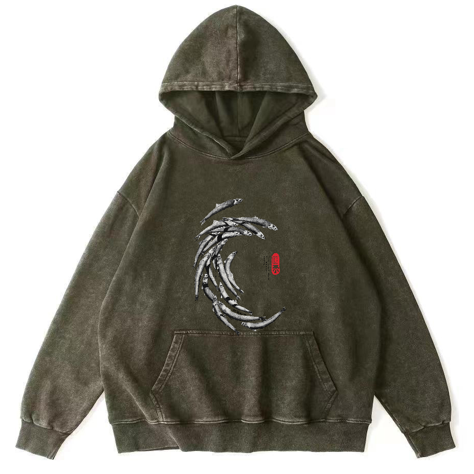 Japanese School Of Fish Pattern Vintage Distressed Hoodie-Zazasy