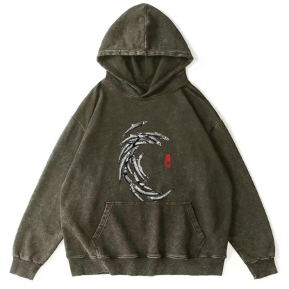 Japanese School Of Fish Pattern Vintage Distressed Hoodie-Zazasy