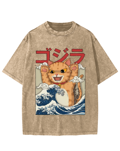 Cat in the Waves, Japanese Style Vintage Washed T-shirt-Zazasy