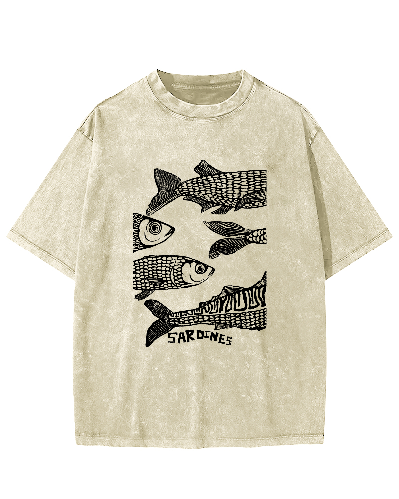 Retro Sea Fish Pattern Vintage Distressed T-shirt-Zazasy