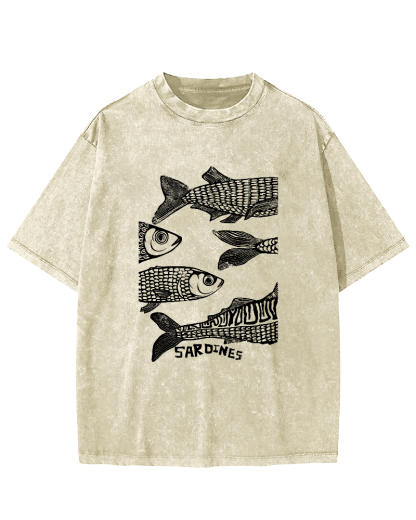 Retro Sea Fish Pattern Vintage Distressed T-shirt-Zazasy