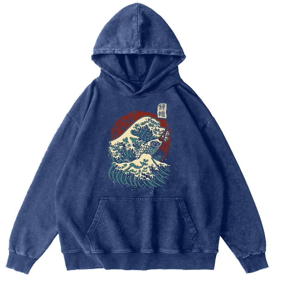 Koi in the Waves, Japanese Style Vintage Washed Hoodie-Zazasy