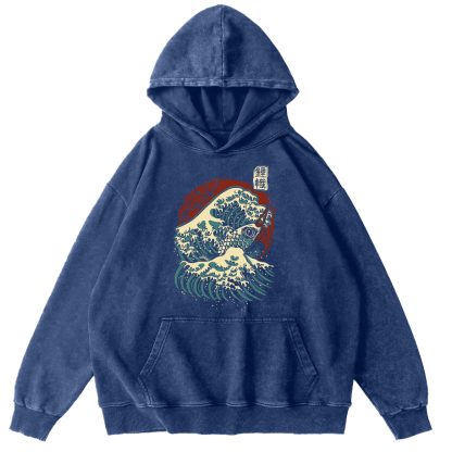 Koi in the Waves, Japanese Style Vintage Washed Hoodie-Zazasy