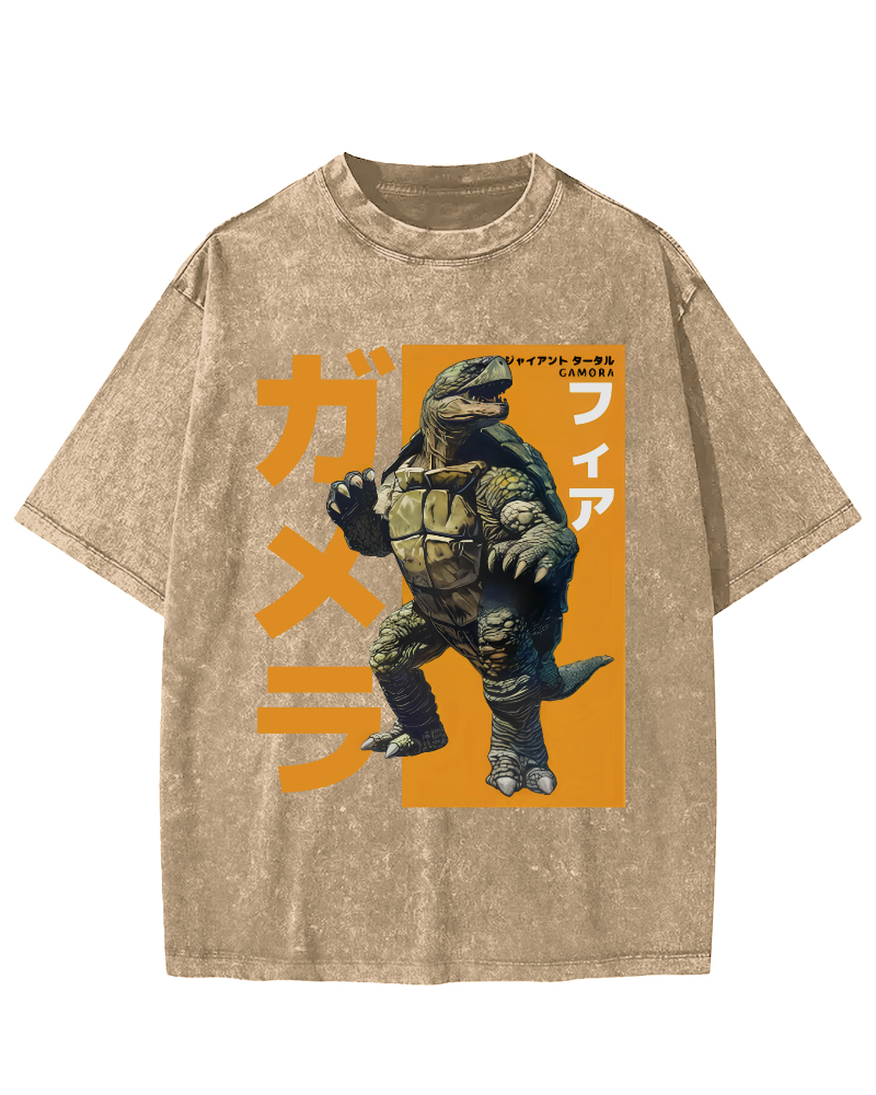 Crocodile Turtle Japanese Style Vintage Washed T-shirt-Zazasy