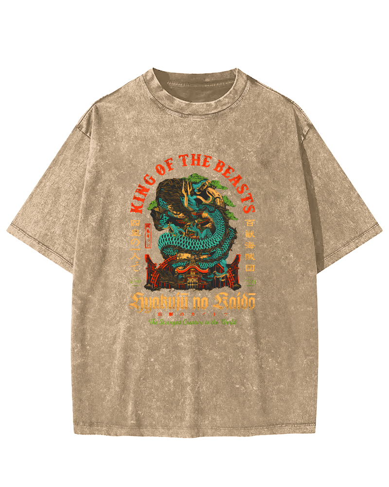 Japanese Mythological Dragon Pattern Vintage Distressed T-shirt-Zazasy